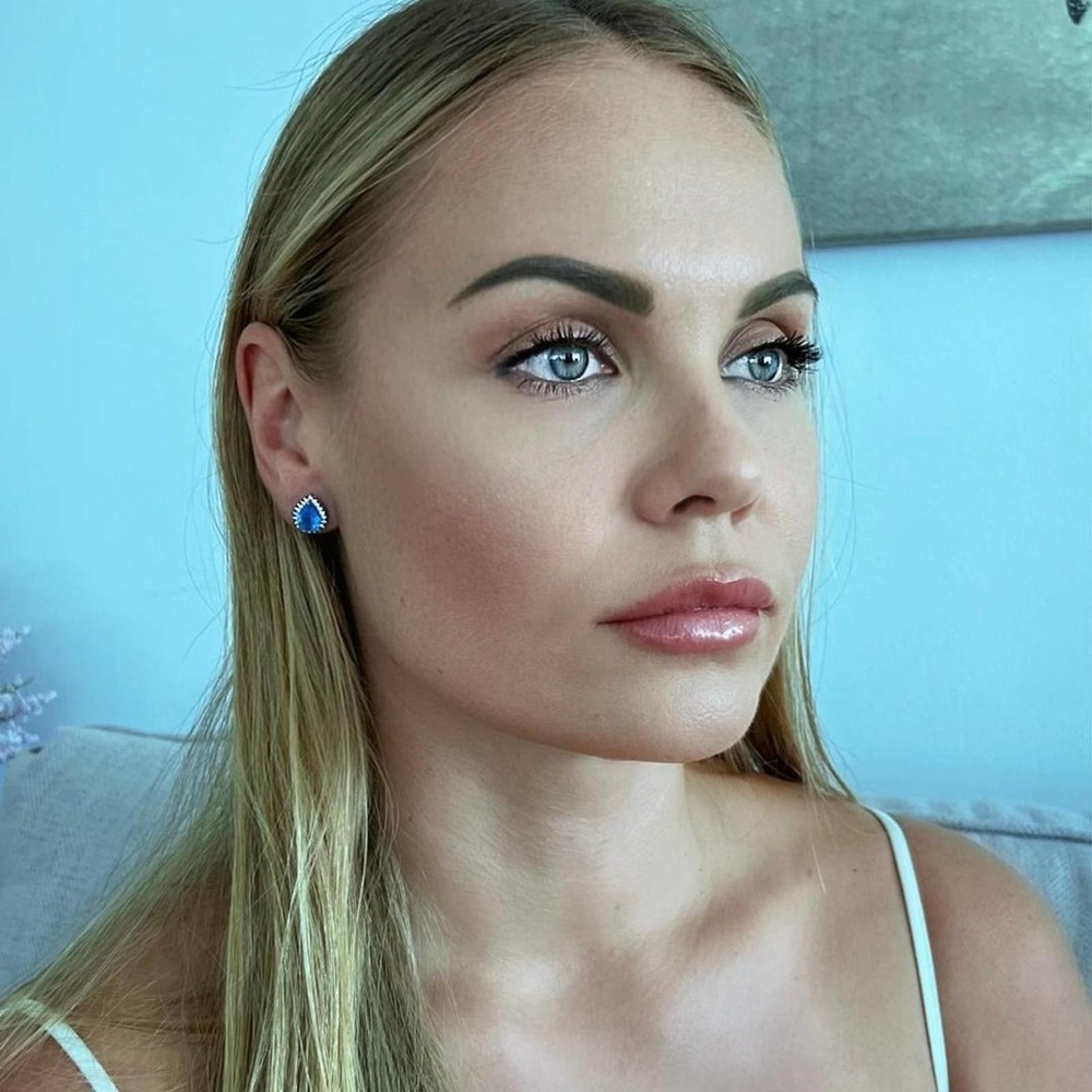 Pear bridal stud earrings with CZ and blue topaz - Sterling Silver 925 - Picture 2 of 5